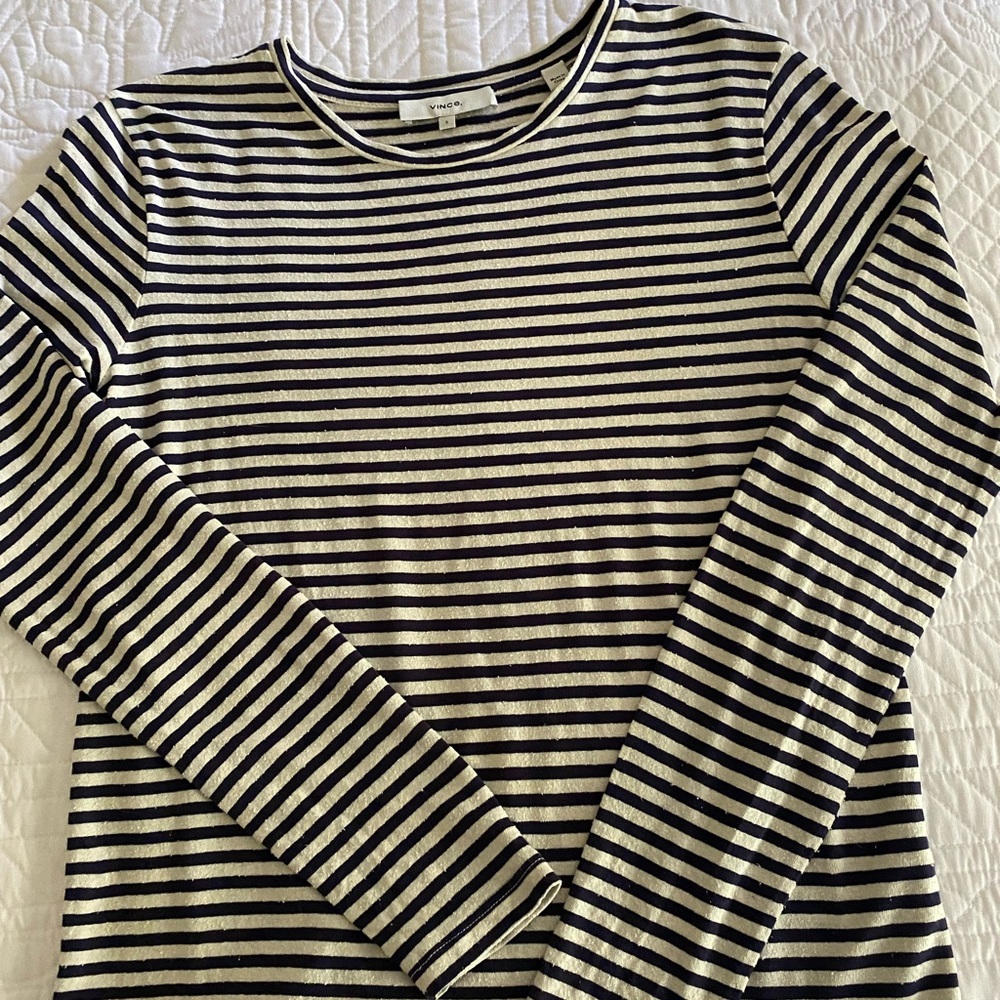 Vince navy and cream striped silk and viscose long sleeve tee shirt. - Picture 6 of 6